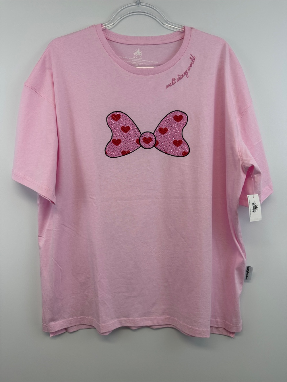NWT Disney Parks Minnie Mouse Pink Heart Bow Rhinestone Bling Tee Shirt L